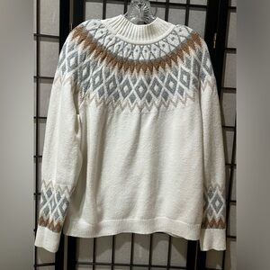 NORT POLE Cream Nordic Yoke Sweater with Gray & Tan Diamond Pattern WOMEN SZ XL